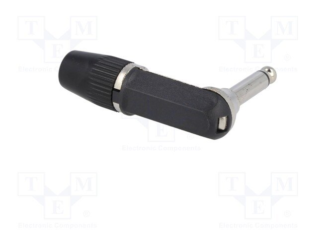 6.35mm štekers, mono, metālisks, uz vadu, ar amortizatoru, sudrabots/melns, leņķisks 90°, Dkab=6.4mm, CLIFF