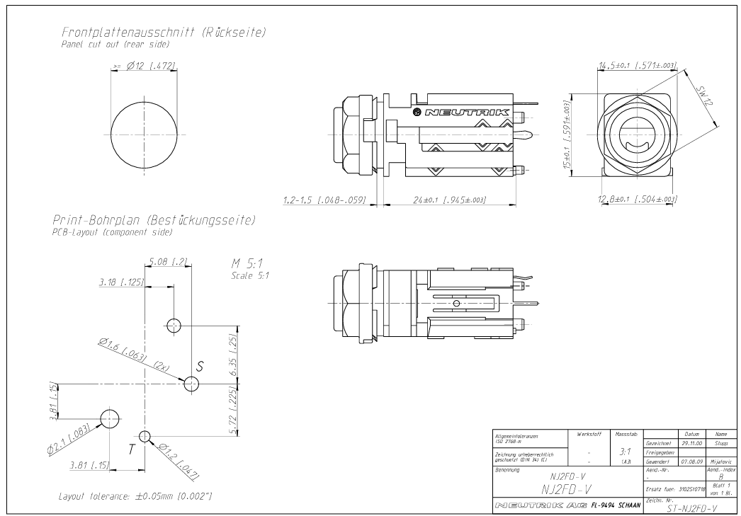 6.35mm ligzda, mono, plastmasas, THT, bojanet šasijai, vertikala, NEUTRIK