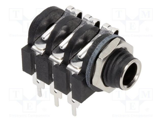 6.35mm ligzda, stereo, plastmasas, THT, skrūvejamas šasijai M9, metāla uzgrieznis, 2 x on/off, AMPHENOL