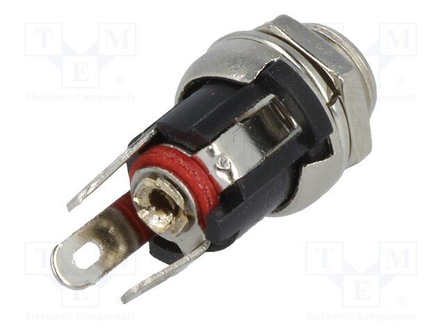 2.5*5.5mm, ligzda, skruvējamā (M8x0.75), matalisks, vadam, 2A/12VDC, uzgrieznis priekšpusē