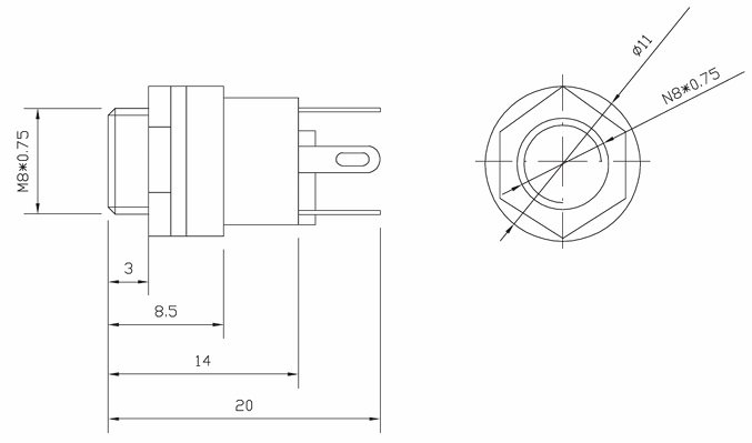 2.5*5.5mm, ligzda, skruvējamā (M8x0.75), matalisks, vadam, 2A/12VDC, uzgrieznis priekšpusē