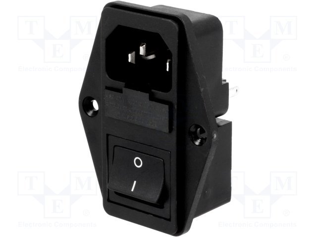 Tikla štekers, 250VAC, 10A, C14(E), + drošinātajs, + sledzējs(DPST), 2 skrūves, šasijai