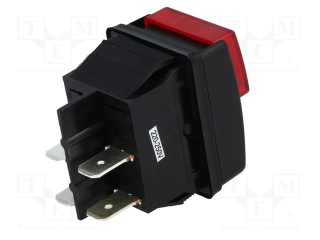 Taustiņslēdzis DPST, OFF-ON, 10A/250VAC, 30.4x22.2mm, apg. 230VAC, sarkans/melns, push-button, ar fiksāciju