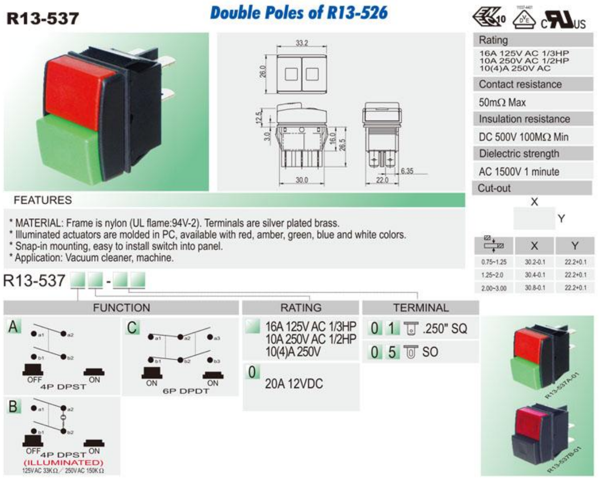 Taustiņslēdzis DPST, OFF-ON, 10A/250VAC, 30.4x22.2mm, apg. 230VAC, sarkans/melns, push-button, ar fiksāciju