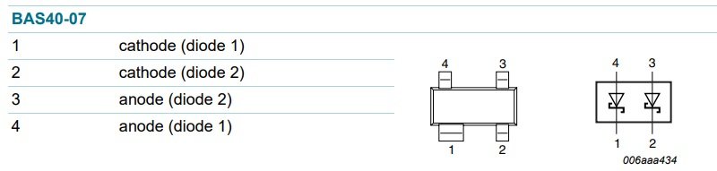 BAS40-07(47), SMD, 2xDiodes Schottky, 40V, 2x0.1A, 5ns, (---|>|---), (---|>|---), (Divas atsevišķas diodes), SOT143