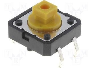 Mikroslēdzejs horizontāls, SPST-NO, OFF-(ON), 0.05A/12VDC, THT, 12x12x4mm, 2.5N, L=3.5mm, kvadrātveida stienis, dzeltena