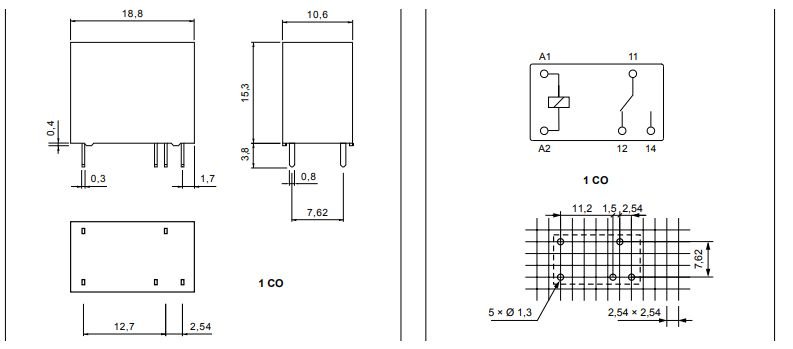 Relejs DC12V, SPDT, 5A/250VAC, 5A/28VDC, 320R(37.5mA), viens kontakts uz parslēgšanu, 18.8x10.6x15.3mm, RELPOL
