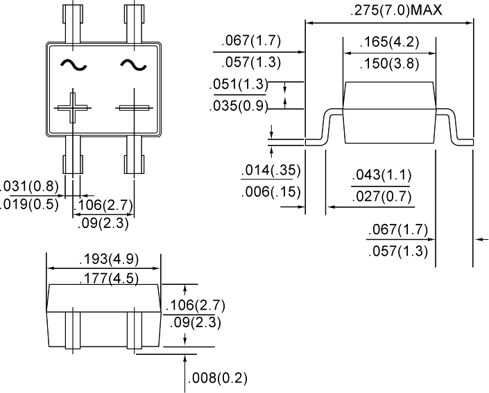 B10S, SMD, 1000V 0.5A, 4x4mm, Taisngriežu tilts, DB-1MS