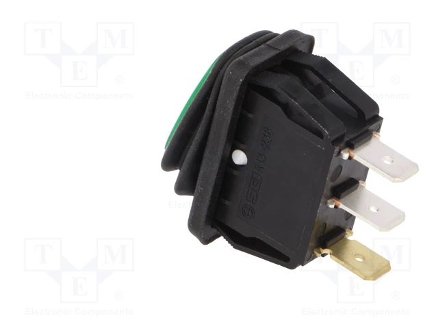 Taustiņslēdzis SPST, ON-OFF, 25A/14VDC, 31.5x18.5x21.1mm, IP65, LED12VDC, zaļā krasa, ģermetiska, ar fiksāciju