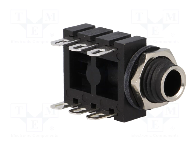 6.35mm ligzda, stereo, plastmasas, vadam, skrūvejamas šasijai M9, metāla uzgrieznis, 2 x on/off, AMPHENOL