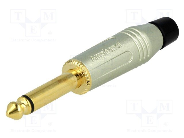 6.35mm štekers, mono, metālisks, uz vadu, ar amortizatoru, apzelts/sudrabots, AMPHENOL