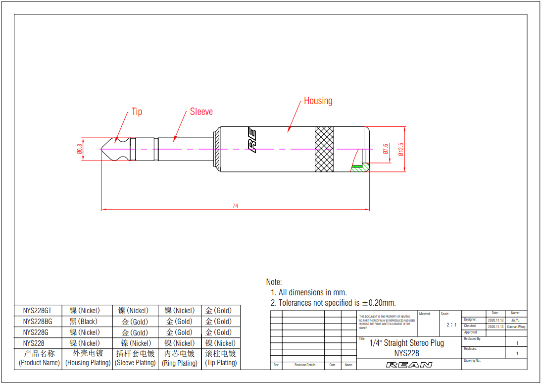 6.35mm štekers, stereo, metāls, uz vadu, sudrabots, max. diameters 7.6mm, REAN