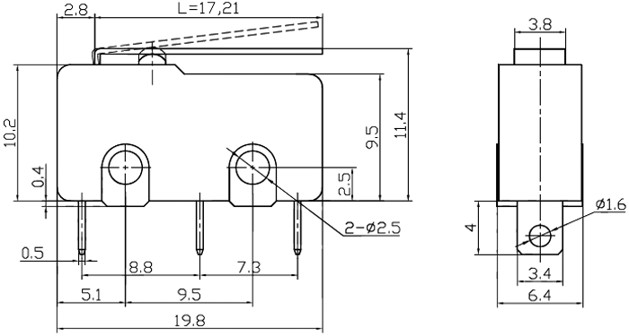 Mikropārslēdzējs ar sviru L=17mm, SPDT, ON-(ON), 5A/250VAC, IP40, 19.8x6.4x10.6mm, viens kontakts