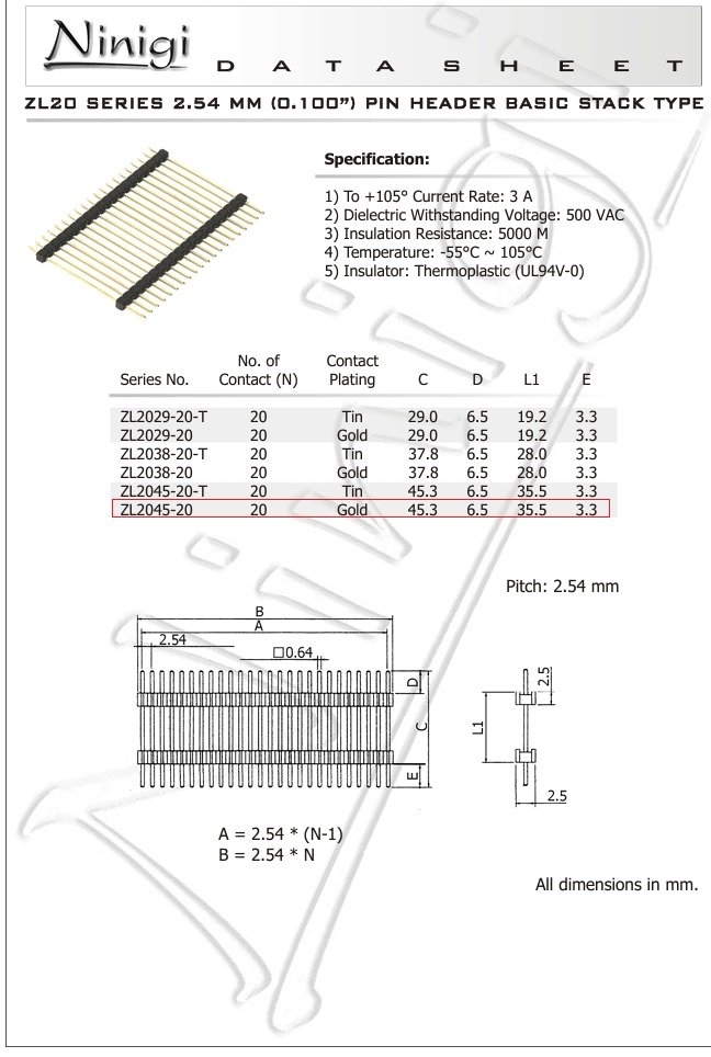 2.54mm 20pin štekers/štekers, starpplates savienotajs, 35.5mm