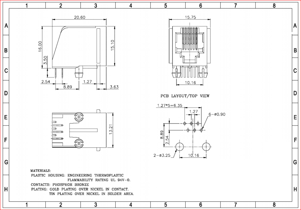 RJ12(6/6) ligzda uz šasija, THT
