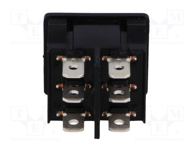 Taustiņslēdzis DP3T, ON-OFF-ON, 6A/250VAC, 21x24x25mm, (--O=), melnā krasa, ar fiksāciju