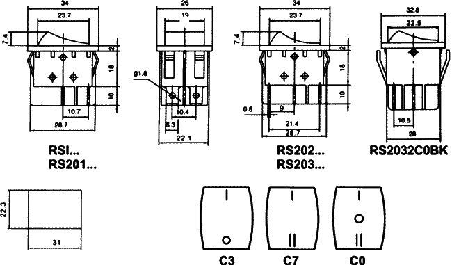 Taustiņslēdzis DP3T, ON-OFF-ON, 15A/250VAC, 25.5x33.0mm, (--O=), melna krasa, ar fiksāciju