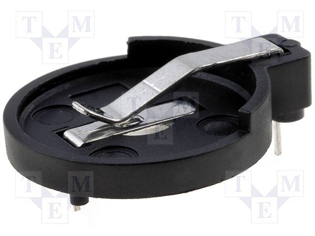 Bateriju turētājs CR2032, plastmasas, horizontals, melna, THT, 1 baterija