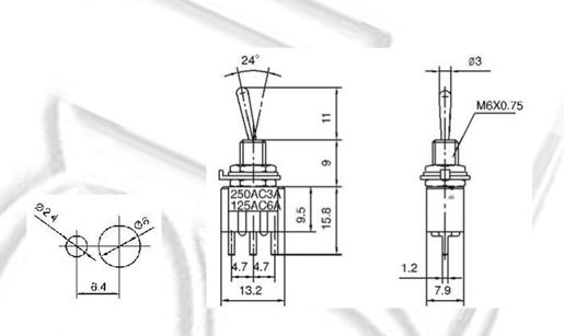 Tumblers, SPDT, ON-(ON), 3A/250VAC, lodēšanai, Ø6mm, 13.2x7.9x9.5mm, viens kontakti uz divam stavoklim, bez fiksacijas, collas vītne