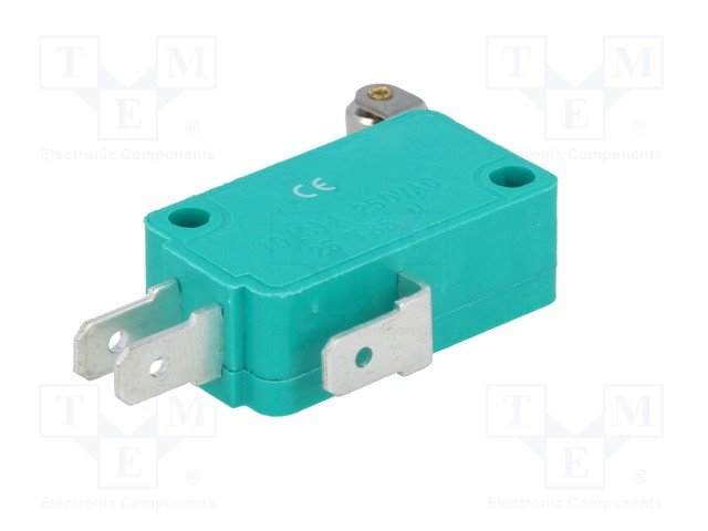 Mikropārslēdzējs ar sviru (ar ruliti) L=12mm, SPDT, ON-(ON), 10A/250VAC, IP40, 28x10.3x16mm, viens kontakts