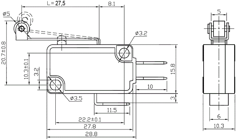 Mikropārslēdzējs ar sviru (ar ruliti) L=12mm, SPDT, ON-(ON), 10A/250VAC, IP40, 28x10.3x16mm, viens kontakts