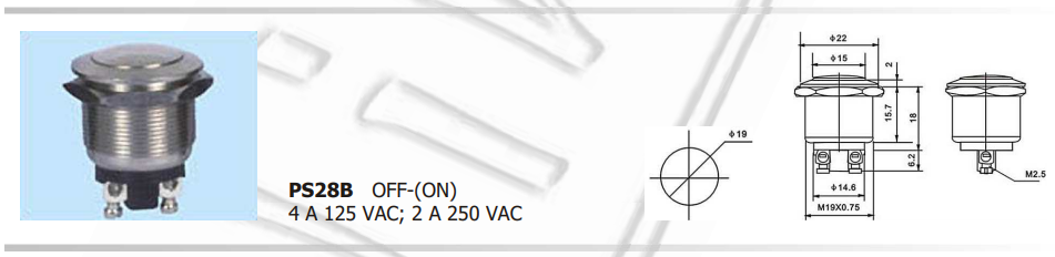 Poga M19x35mm, SPST-NO, OFF-(ON), 2A/250VAC, IP40, metalā, antivandalā, bez fiksacijas