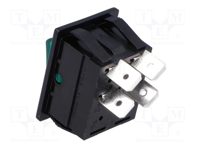 Taustiņslēdzis DPST, ON-OFF, 16A/250VAC, 20A/28VDC, 25x32mm, apgaism. neona lamp. zaļā, melnā krasa, ar fiksāciju