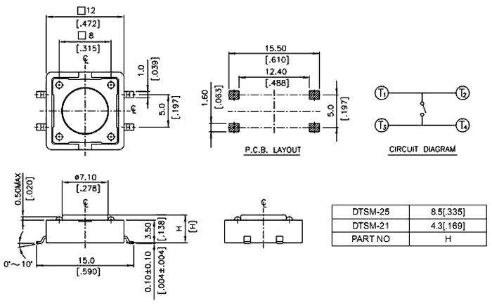 Mikroslēdzejs horizontāls, SPST-NO, OFF-(ON), 0.05A/12VDC, SMD, 12x12x4mm, 1.6N, L=4.5mm