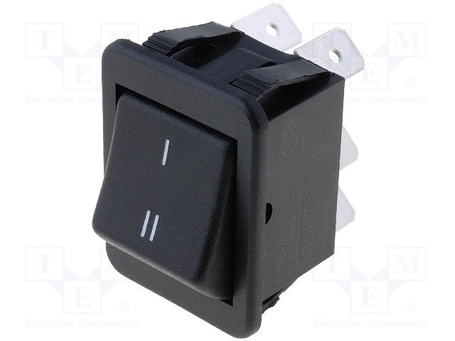 Taustiņslēdzis DPDT, ON-ON, 16A/250VAC, 20A/28VDC, 25x32mm, (-=) melnā krasa, ar fiksāciju