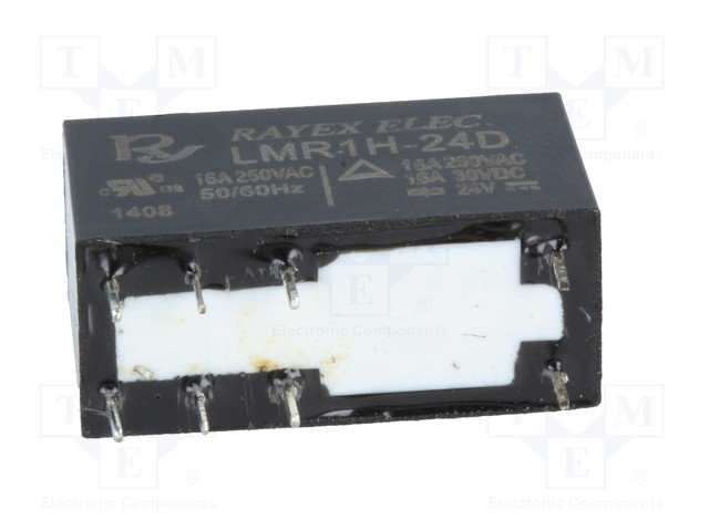 Relejs DC24V, SPDT, 16A/250VAC, 16A/30VDC, 1.1kΩ(21.8mA) viens kontakts uz pārslēgšanu, 29x12.5x15.5mm, RAYEX ELECTRONICS