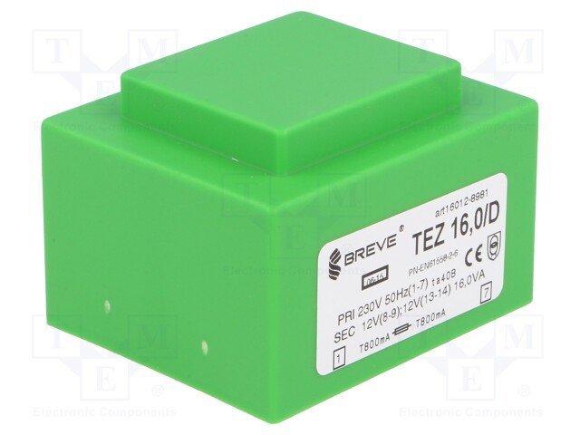 Transformators 220V=>2x12V, 2x530mA, 16VA, 57x47x39mm
