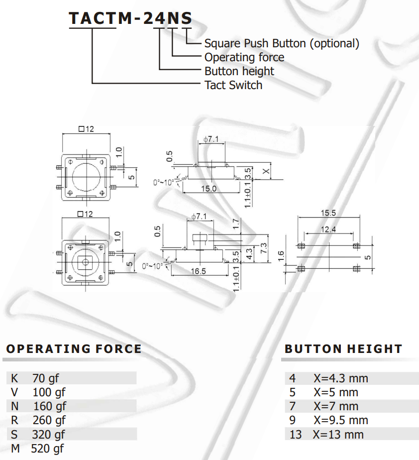 Mikroslēdzejs horizontāls, SPST-NO, OFF-(ON), 0.05A/12VDC, SMD, 12x12x4mm, 1.6N, L=0.5mm