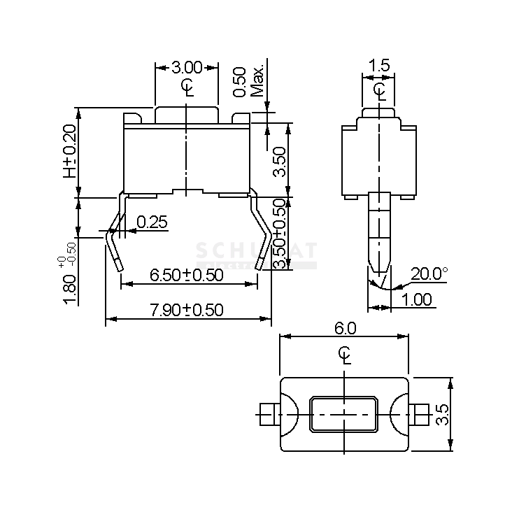Mikroslēdzejs horizontāls, SPST-NO, OFF-(ON), 0.05A/12VDC, SMD, 6x3.5x3.5mm, 1.6N, L=1.5mm