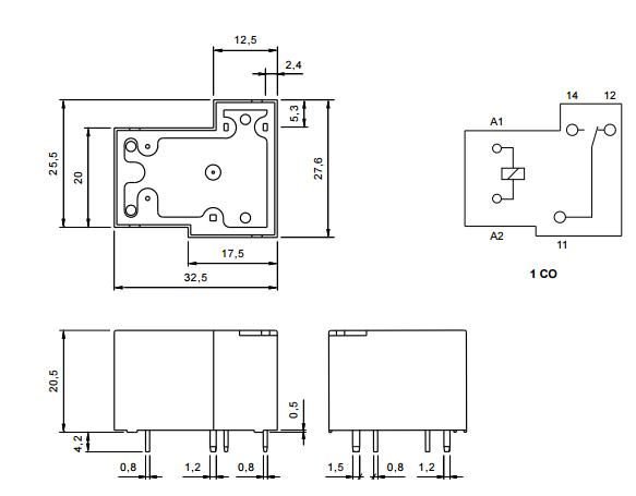 Relejs DC12V, SPDT, 40A/250VAC, 40A/30VDC, 160R(75mA), IP64, viens kontakts uz pārslēgšanu, 32.5x27.6x20.5mm, RELPOL
