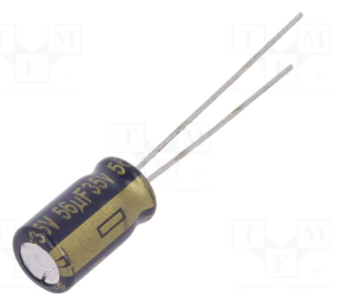 56/35V, 105C, Ø6.3x11mm, ±20%, Kondensatori zemas induktivitātes 0.35R, 1000h, PANASONIC, ar lokaniem izvadiem