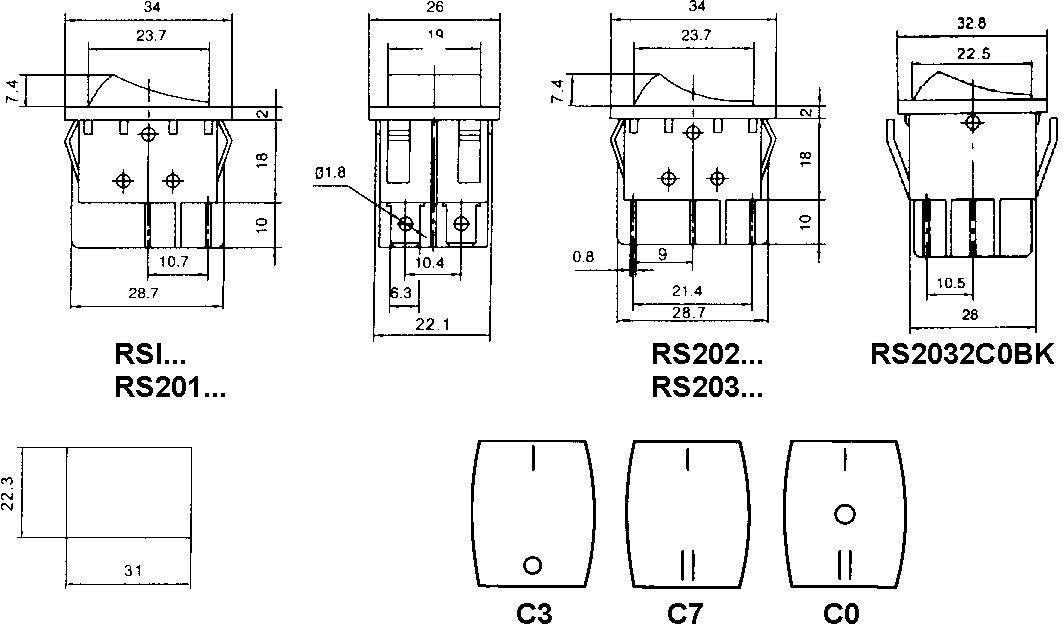 Taustiņslēdzis DPDT, ON-ON, 15A/250VAC, 26x34mm, (--=), melnā krasa, ar fiksāciju