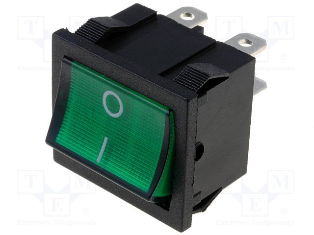 Taustiņslēdzis DPST, ON-OFF, 6A/250VAC,10A/125VAC, 21x24.3x28mm, apgaism. neona lamp. (--O), zaļā krasa, ar fiksāciju