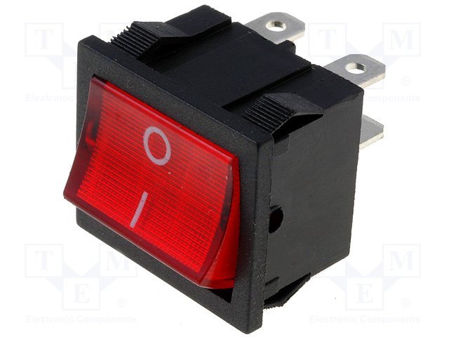 Taustiņslēdzis DPST, ON-OFF, 6A/250VAC,10A/125VAC, 21x24.3x28mm, apgaism. neona lamp. (--O), sarkanā krasa, ar fiksāciju