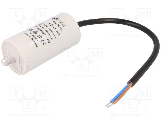 12.0/425VAC+cable elektromotoru kondensators, ±5%, Ø36x70mm, M8, 10000h, DUCATI ENERGIA