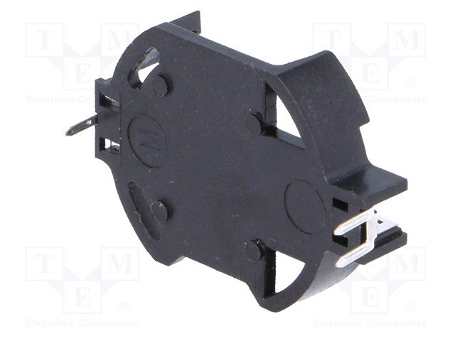 Bateriju turētājs CR2032, plastmasas, horizontals, melna, THT, 1 baterija