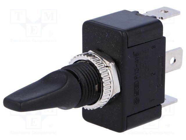Tumblers, SP3T, ON-OFF-ON, 6A/250VAC, lodēšanai, 6.3x0.8mm, M12, 28.6x16x17mm, CSI, ar fiksaciju, plastmasas rokturis