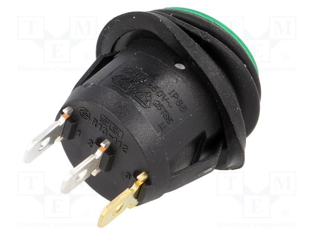 Taustiņslēdzis SPST, ON-OFF, 10A/250VAC, D=23mm, IP65, apgaism. neona lamp., zaļa krasa, apaļa, ģermetiska, ar fiksāciju