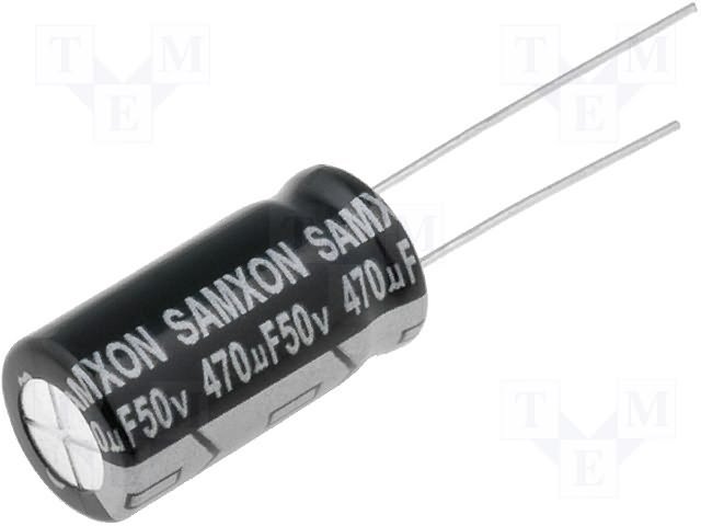 470/50V, 105C, Ø10x20mm, ±20%, Kondensatori zemas induktivitātes, 7000h, Samxon, ar lokaniem izvadiem