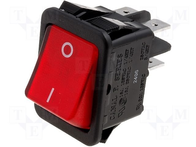 Taustiņslēdzis  DPST, ON-OFF, 16A/250VAC, 25x32mm, ar apgaism. neon. spul., (--O), sarkanā krasa, ar fiksāciju