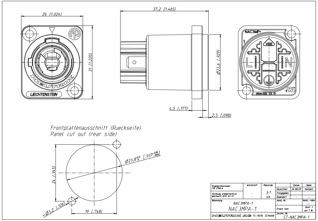 Tikla ligzda, 250VAC, 25A, (PowerCon Neutrik), IP54, 2 skrūves, šasijai