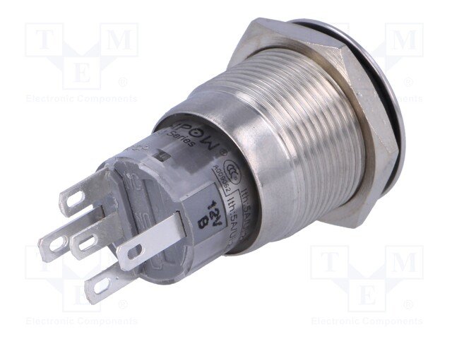 Poga M19x36mm, SPDT, ON-(ON), 0.5A/220VAC, 1A/24VDC, IP67, LED12VAC/DC, dzeltena centrā, antivandala, bez fiksacijas