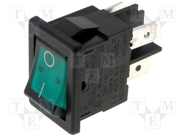 Taustiņslēdzis DPST, ON-OFF, 10A/250VAC, 10A/28VDC, 15x21mm, apgaism. neona lamp. zaļā, (--O), melnā krasa, ar fiksāciju