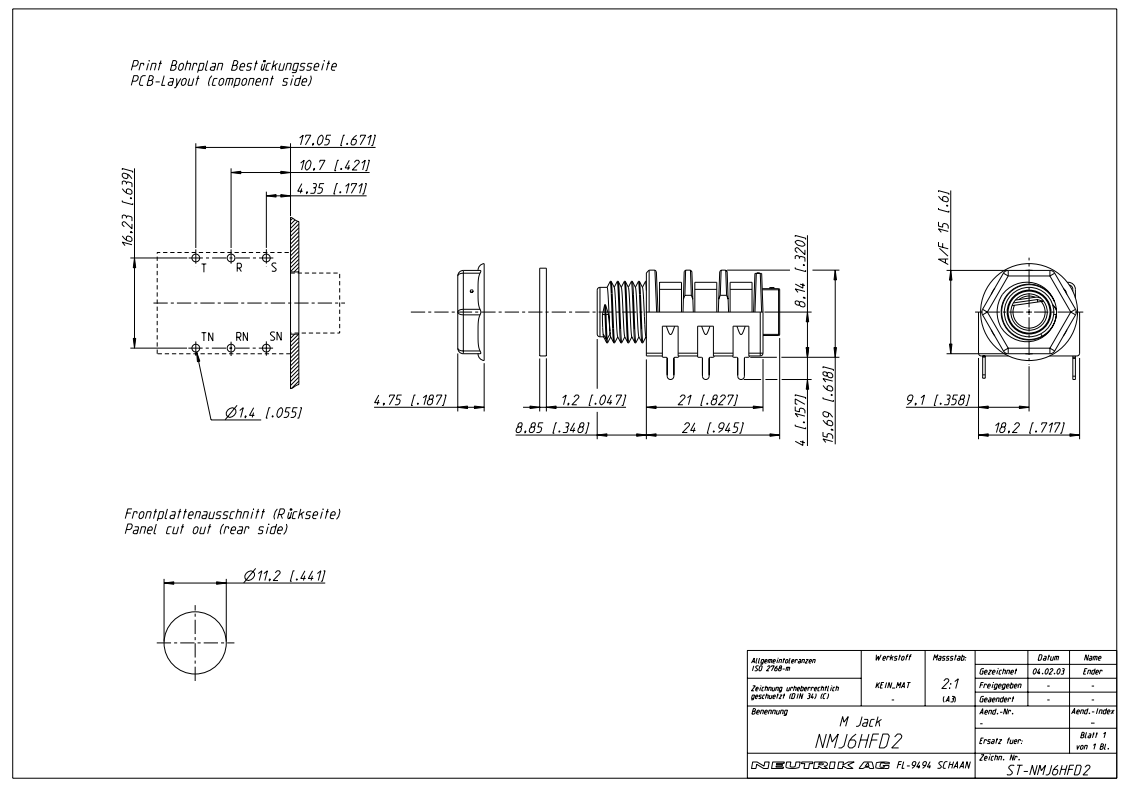 6.35mm ligzda, stereo, plastmasas, THT, skrūvejamas šasijai M9, plastmasu uzgrieznis, 2 x on/of, NEUTRIK