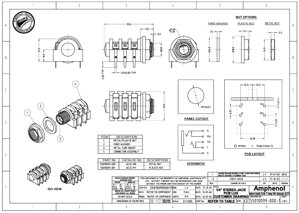 6.35mm ligzda, stereo, plastmasas, THT, skrūvejamas šasijai M9, plastmasu uzgrieznis, 2 x on/off, AMPHENOL