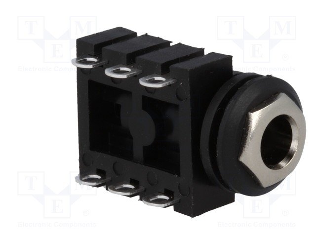 6.35mm ligzda, stereo, plastmasas, vadam, skrūvejamas šasijai M9, plastmasu uzgrieznis sudrabota, 2 x on/off, AMPHENOL